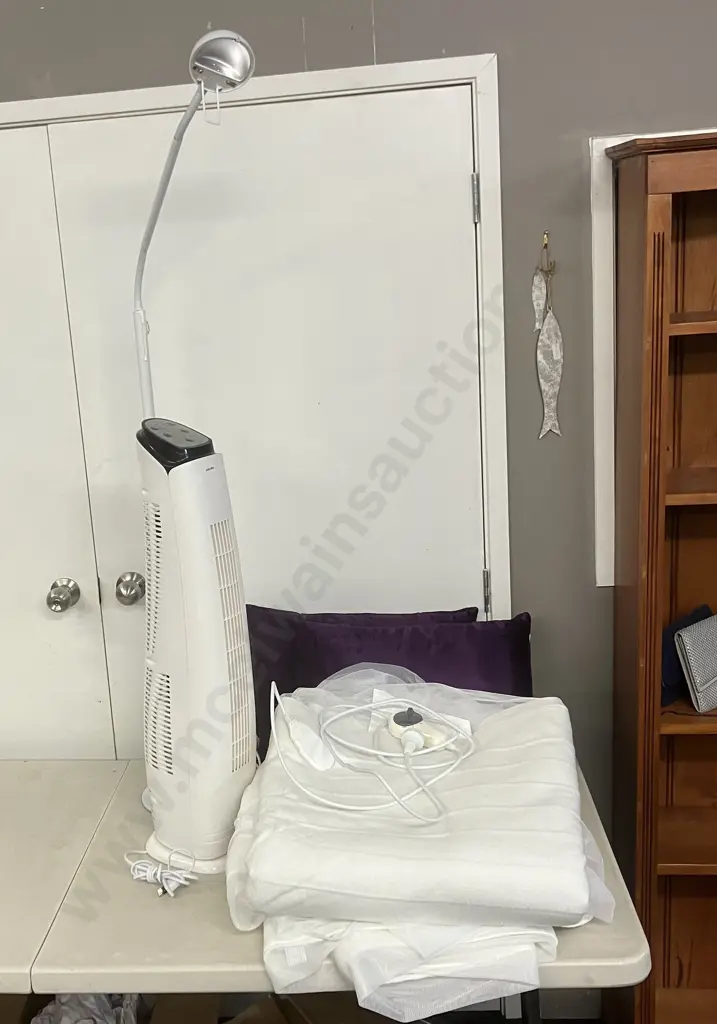 Pair of Goldair Elec Blankets, 2 x Purple Cushions, Anko HEG74 Tower Fan, Austrabeam Styleux Floor Lamp (No Bulb/Glass) Image 1++