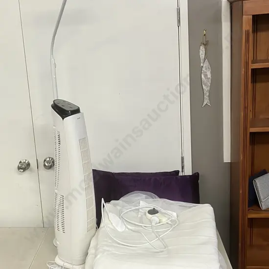 Pair of Goldair Elec Blankets, 2 x Purple Cushions, Anko HEG74 Tower Fan, Austrabeam Styleux Floor Lamp (No Bulb/Glass)