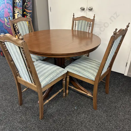 Round Top Mahogany Dining Table, Single Pedestal Base (75 x 106cm) With Four Blue & Cream Striped Fabric Chairs