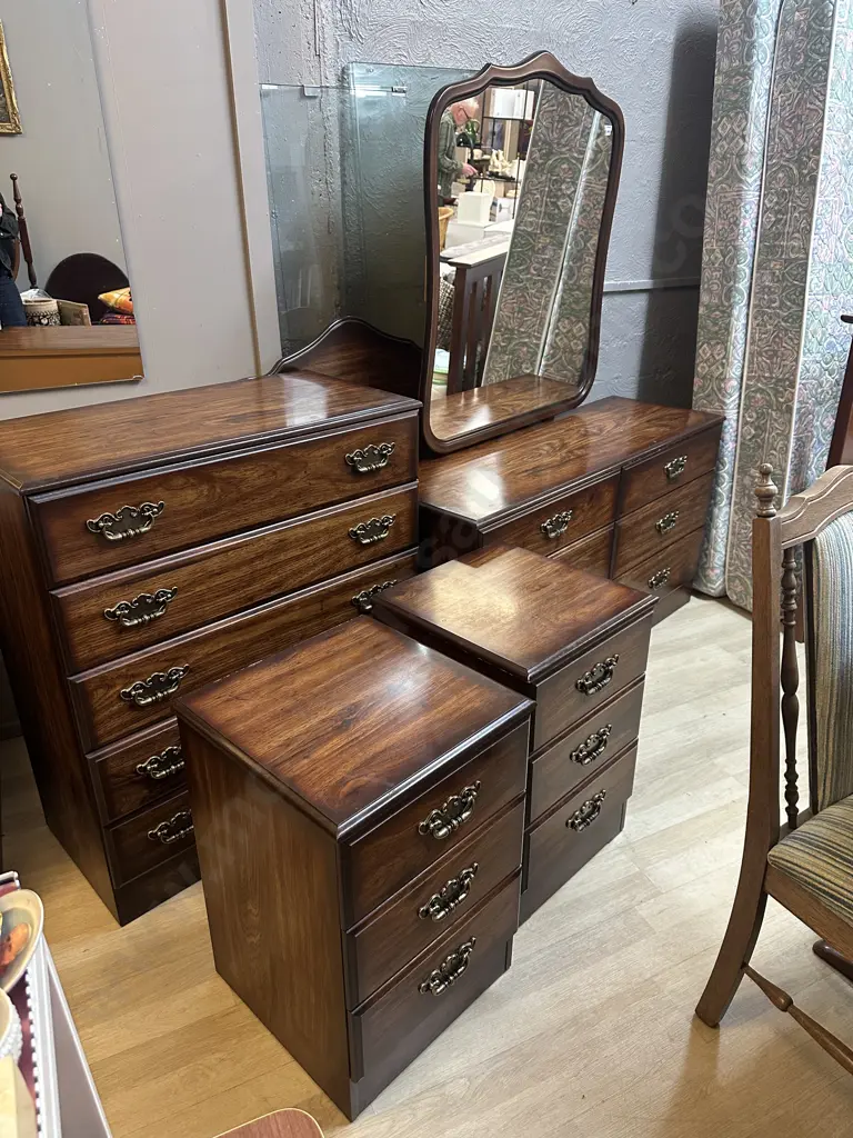 Vintage Funnell's Furniture 5 Piece Bedroom Suite, Dark Mahogany Effect, Ornate Handles, Double Size Headboard Image 1++