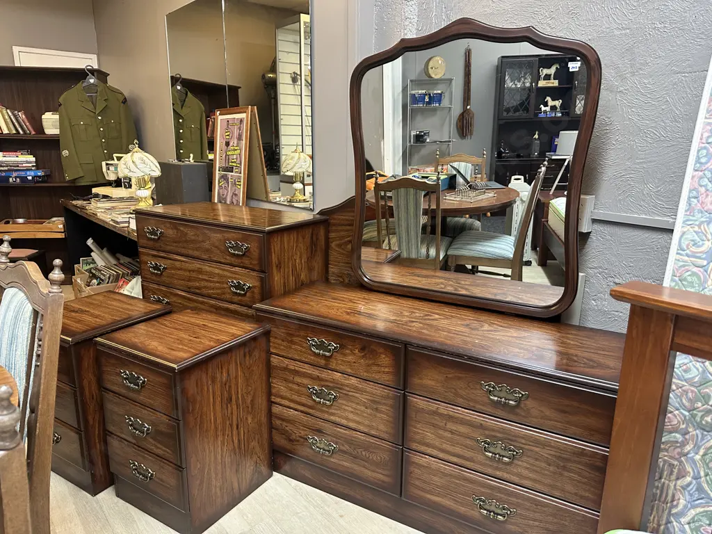 Vintage Funnell's Furniture 5 Piece Bedroom Suite, Dark Mahogany Effect, Ornate Handles, Double Size Headboard Image 1++