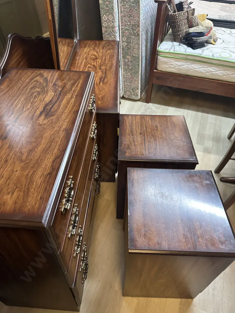 Vintage Funnell's Furniture 5 Piece Bedroom Suite, Dark Mahogany Effect, Ornate Handles, Double Size Headboard Image 1++