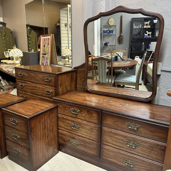 Vintage Funnell's Furniture 5 Piece Bedroom Suite, Dark Mahogany Effect, Ornate Handles, Double Size Headboard
