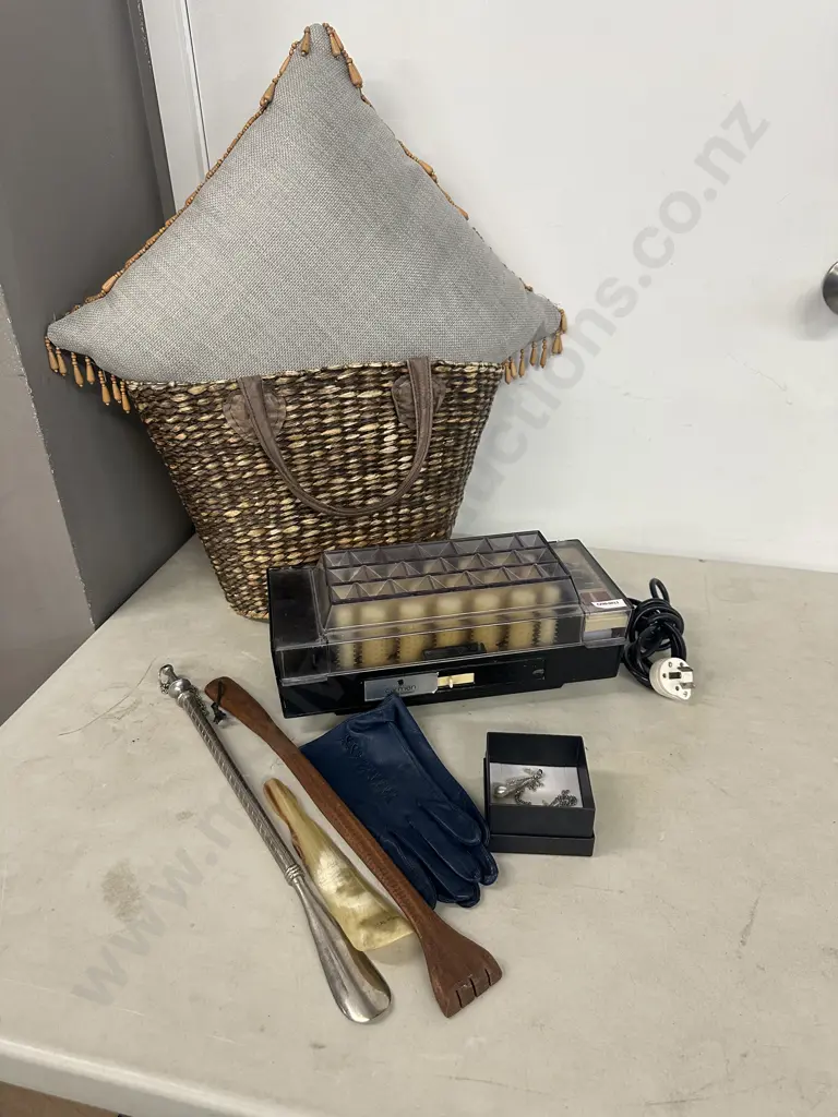 Vintage Items Including Gloves, Earings, Carmen Hot Rollers, Shoe Horns, Cushion & Bag Image 1++