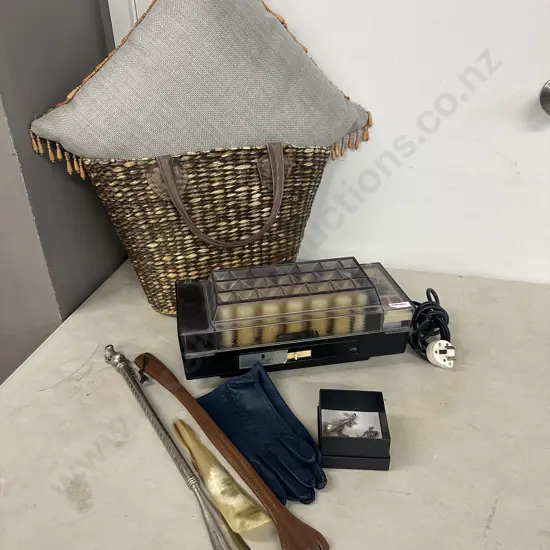 Vintage Items Including Gloves, Earings, Carmen Hot Rollers, Shoe Horns, Cushion & Bag
