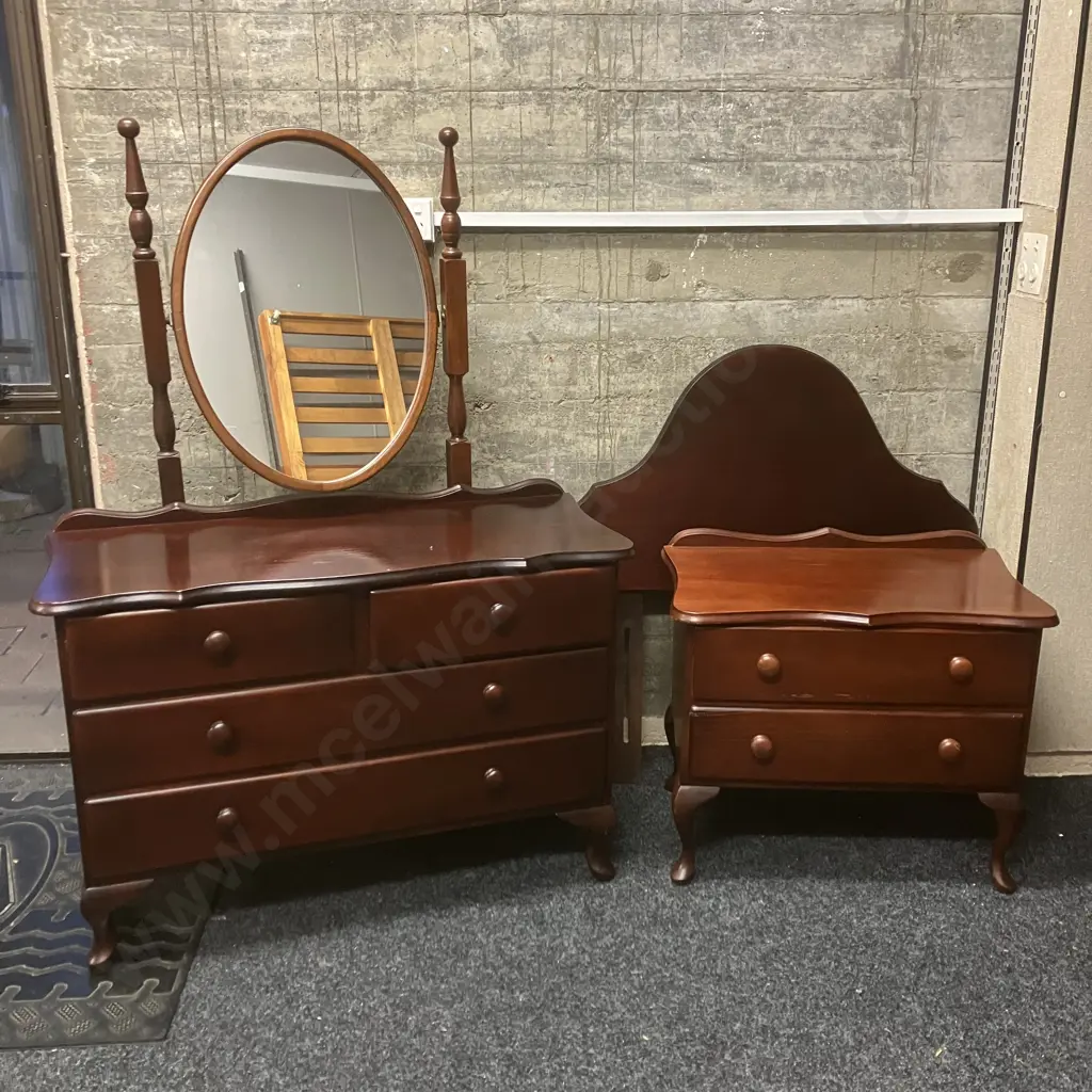 Solid Wood 3 Piece Bedroom Suite, Cabriole Legs, Single Size Headboard Image 1++