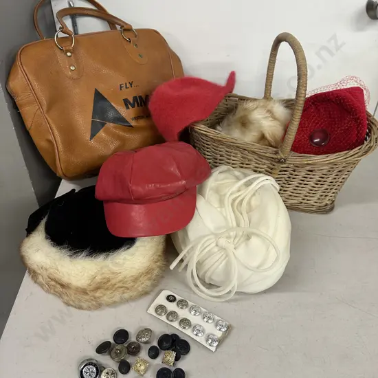 Vintage Cane Basket With Hats, Bag & St John Buttons