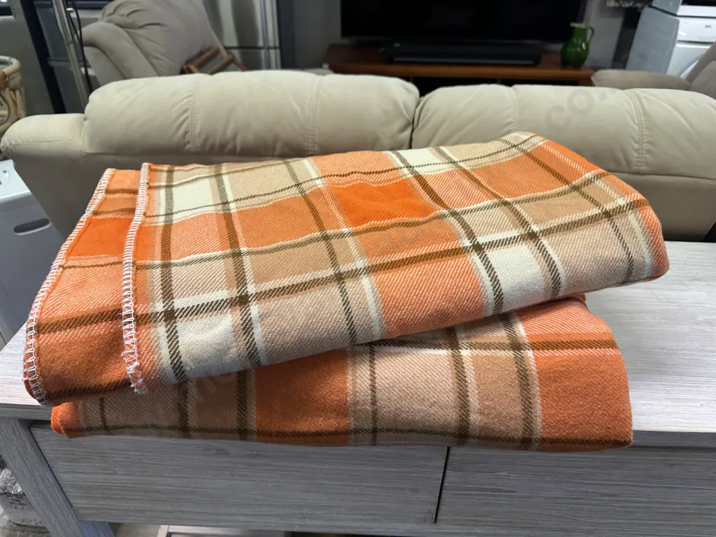 Pair Of Vintage Double Woollen  Blankets Orange/Brown Tones Image 1++