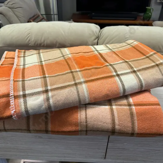 Pair Of Vintage Double Woollen  Blankets Orange/Brown Tones