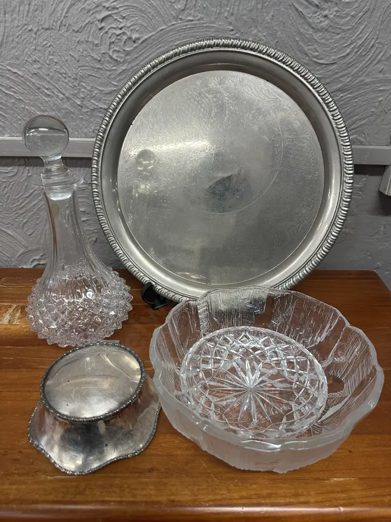 Crystal & Silverware Items Including Round Serving Platter, Bowls Etc Image 1++