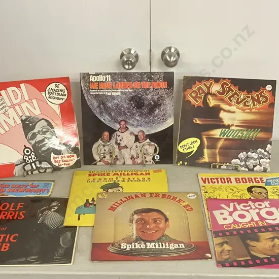 Lot of 9 LPs - Ray Stevens Boogity Boogity, Apollo 11 We Have Landed On The Moon, Idi Amin Broadcasts, Bob Newhart Etc