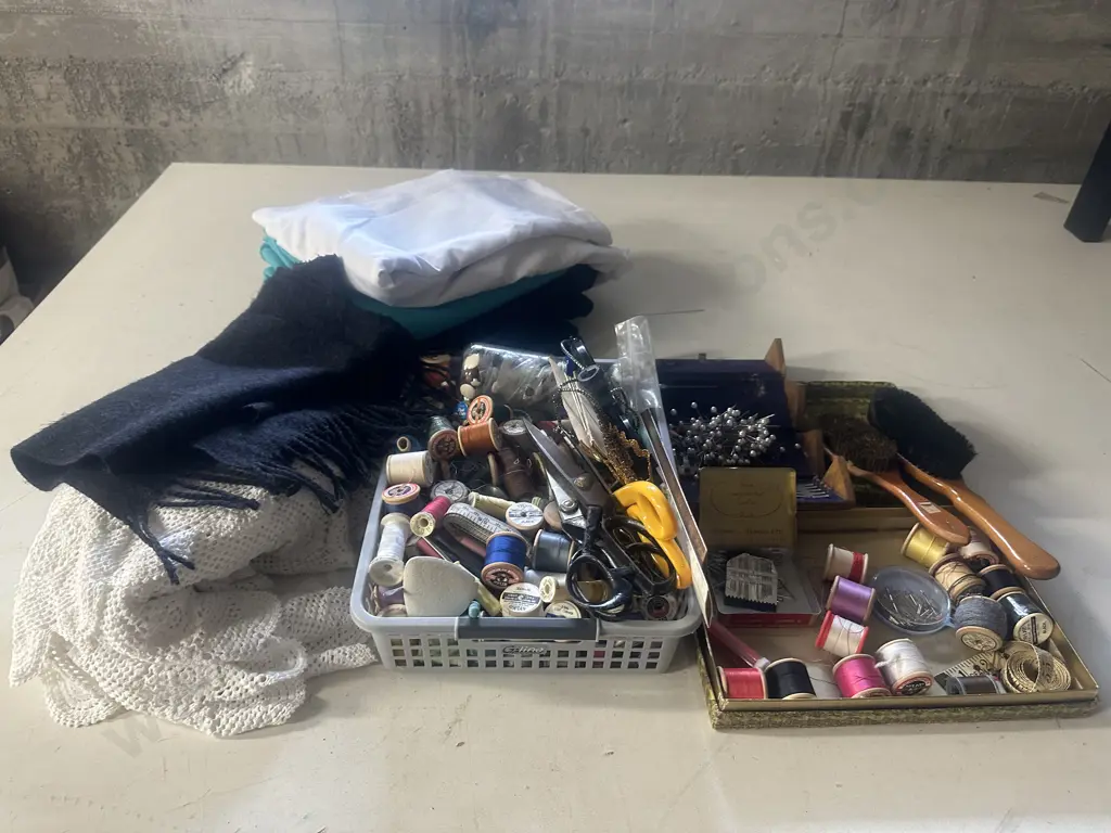 Assorted Haberdashery Items Including Scissors, Cottons, Clothes Brushes, Fabric Etc Image 1++