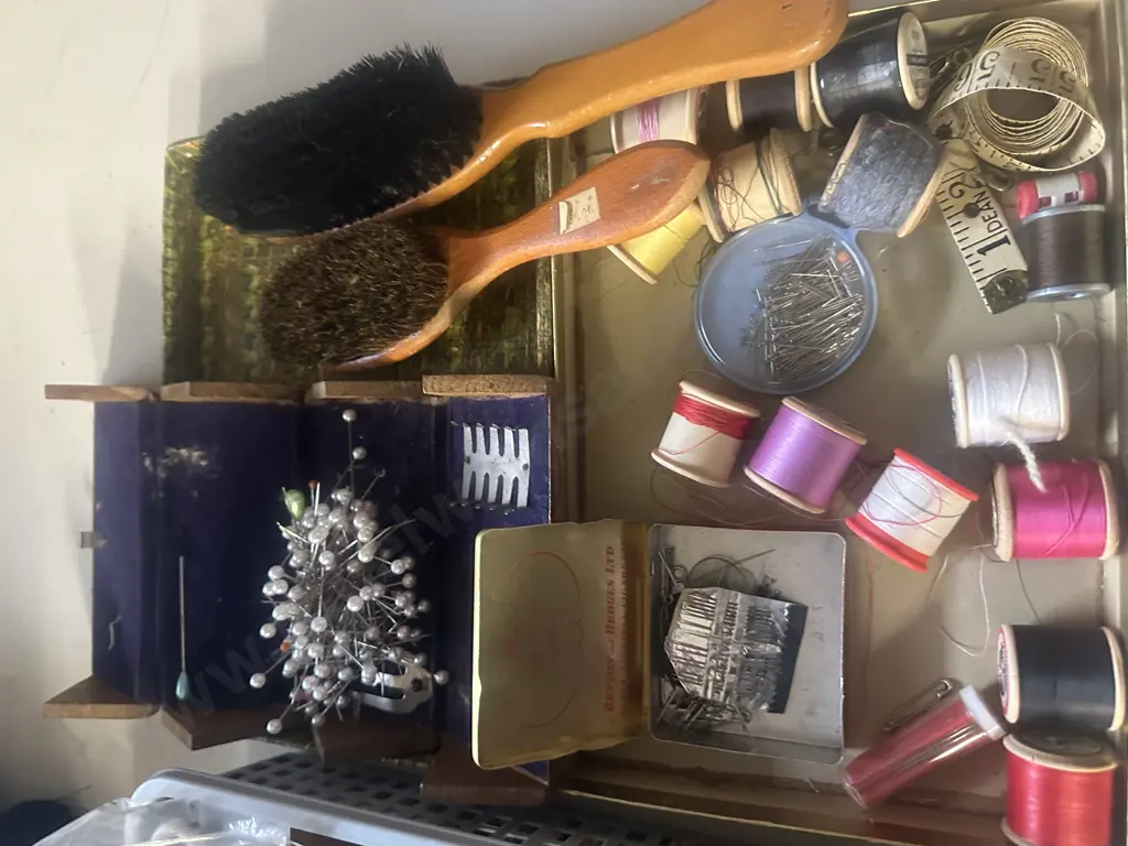 Assorted Haberdashery Items Including Scissors, Cottons, Clothes Brushes, Fabric Etc Image 1++