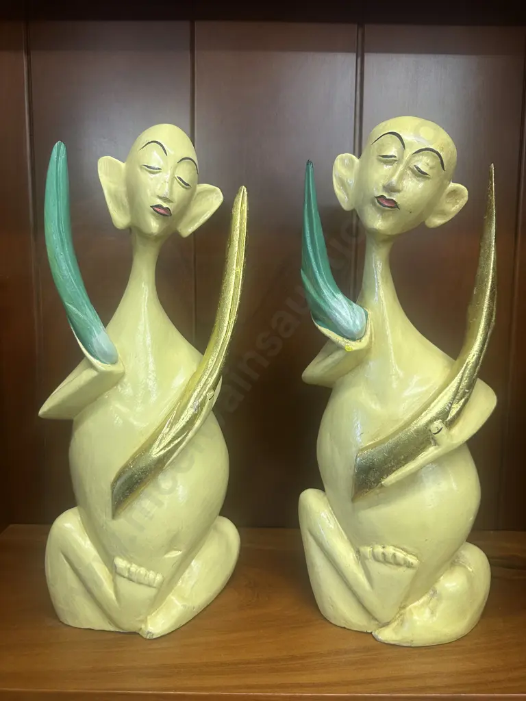 Pair of Yellow Painted Male & Female Chinese Ornaments. H31cm Image 1++