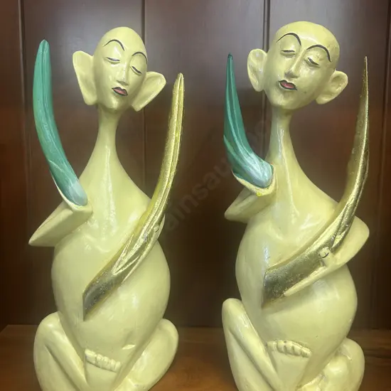 Pair of Yellow Painted Male & Female Chinese Ornaments. H31cm