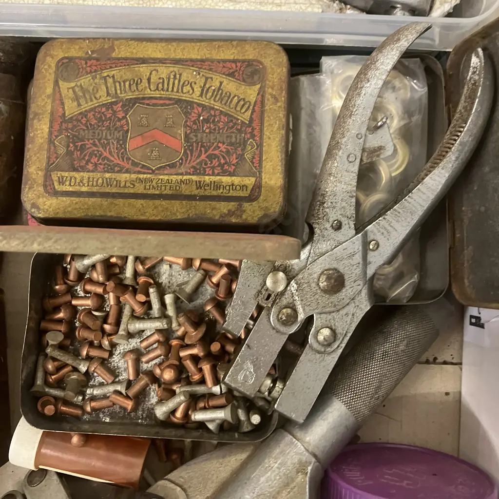 Vintage GEO TUCKER EYELET CO LTD TT55A Pop Rivet Gun, Leather Working Awl, Hole Punch, Hardware Etc Image 1++