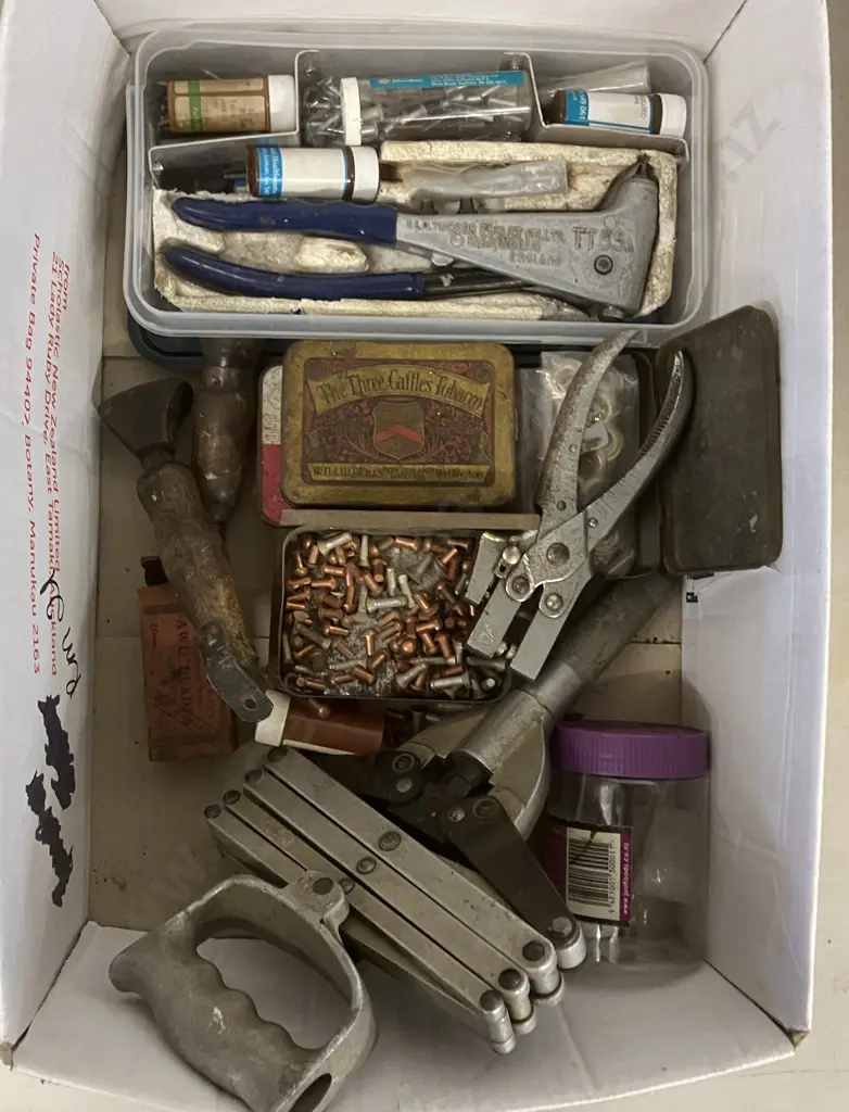 Vintage GEO TUCKER EYELET CO LTD TT55A Pop Rivet Gun, Leather Working Awl, Hole Punch, Hardware Etc Image 1++