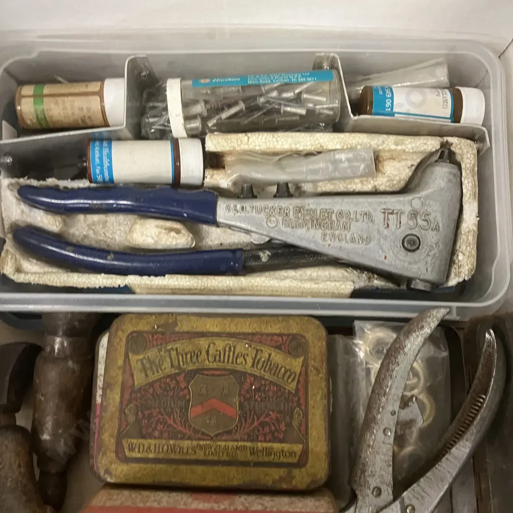 Vintage GEO TUCKER EYELET CO LTD TT55A Pop Rivet Gun, Leather Working Awl, Hole Punch, Hardware Etc Image 1++