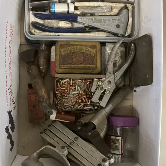 Vintage GEO TUCKER EYELET CO LTD TT55A Pop Rivet Gun, Leather Working Awl, Hole Punch, Hardware Etc
