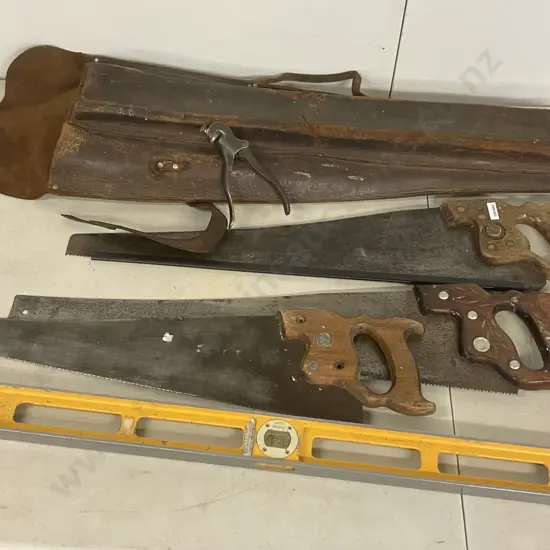 Vintage Leather Carry Case, Disston, Spear & Jackson Saws, Saw Setting Tool & Stabila Level