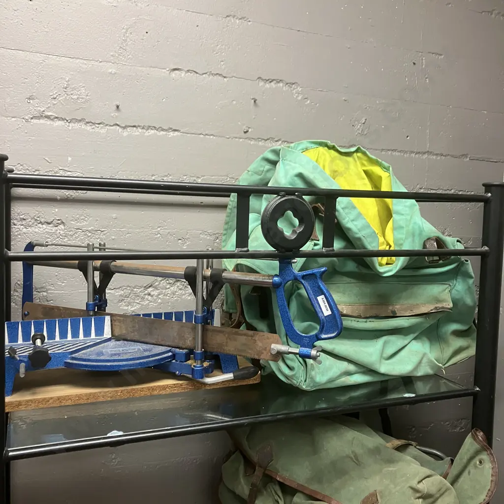 Vintage Wood Case, Lockable With Keys. H12 W91 D31cm, Mitre Saw - GS, Canvas & Leather Backpack Image 1++