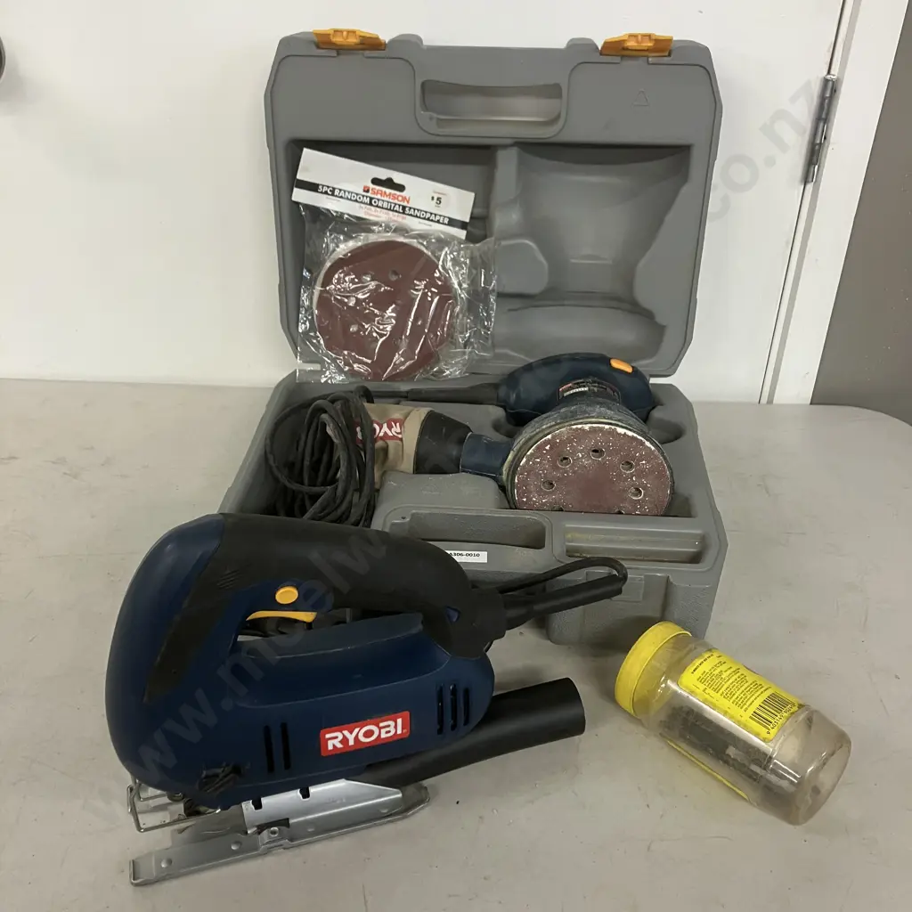 Ryobi Random Orbital Sander ERO400VK In Moulded Case & Ryobi EJS500LL Jigsaw With Blades Image 1++
