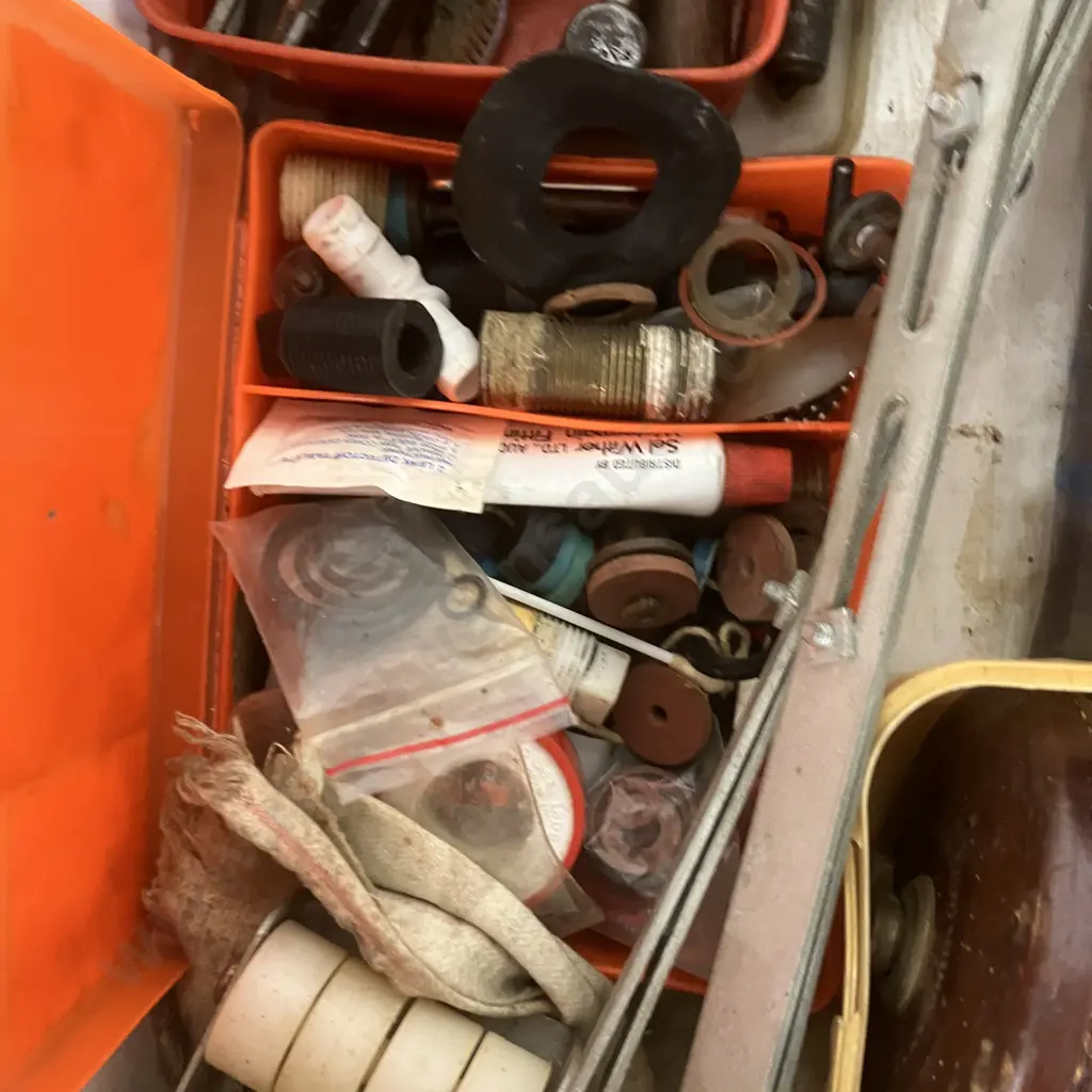 Box Lot Chainsaw Tools, Container Washers, Vintage Measure Tapes Etc Image 1++