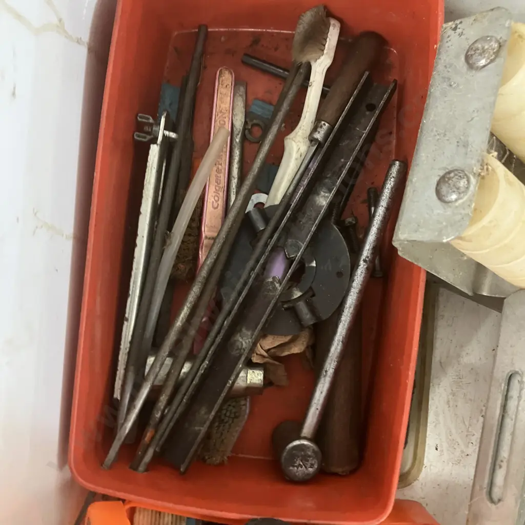 Box Lot Chainsaw Tools, Container Washers, Vintage Measure Tapes Etc Image 1++