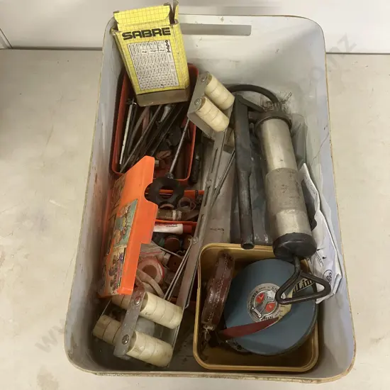 Box Lot Chainsaw Tools, Container Washers, Vintage Measure Tapes Etc