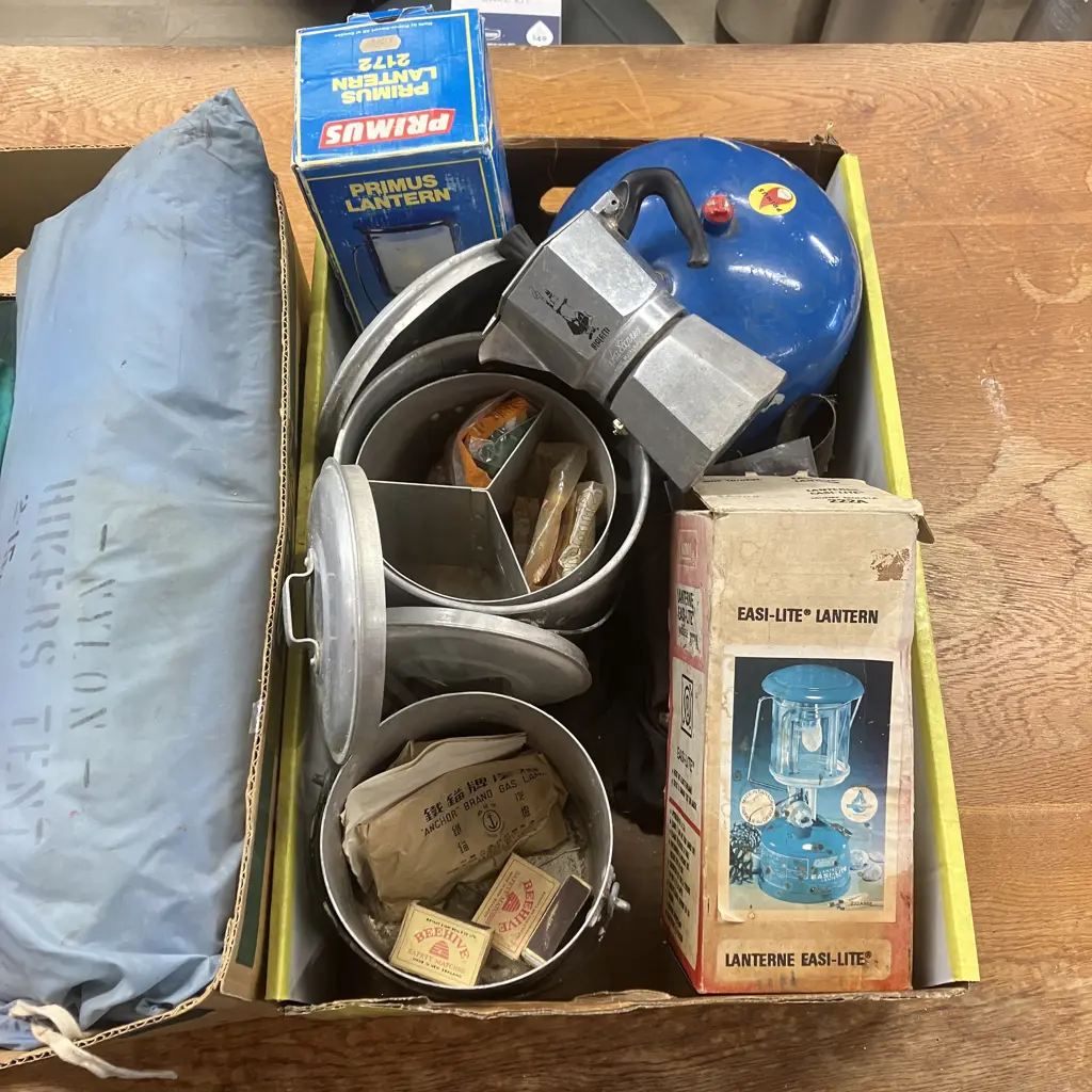 Box Lot Camping Gear Including Bialetti Mocka Express & Box Of Tenting Gear Image 1++
