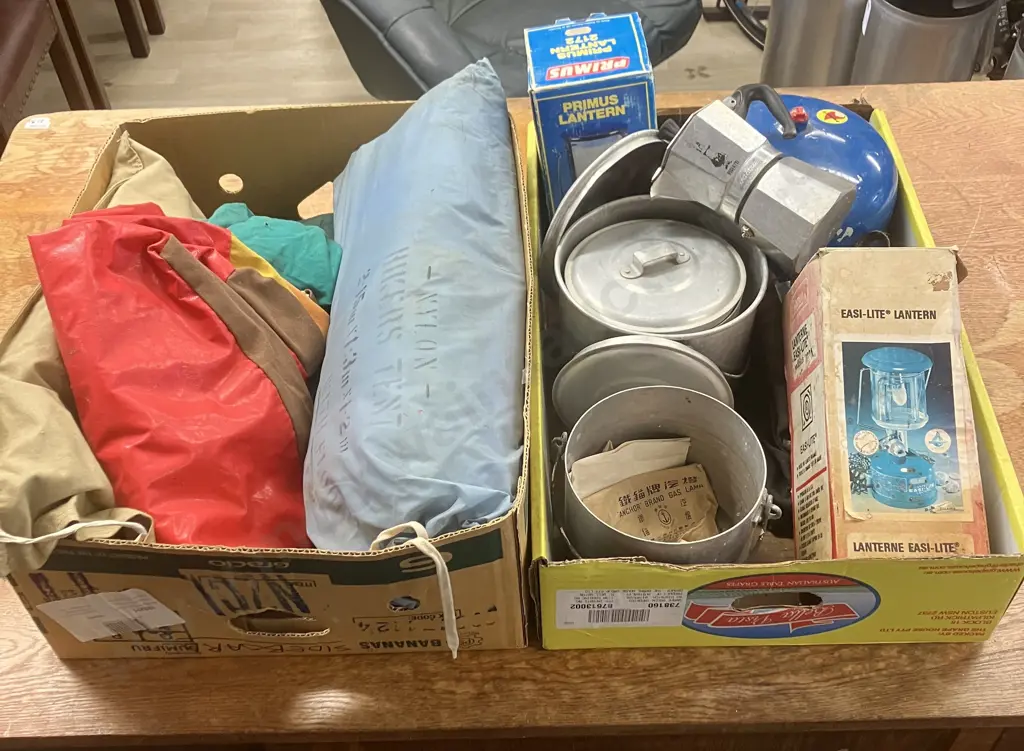 Box Lot Camping Gear Including Bialetti Mocka Express & Box Of Tenting Gear Image 1++