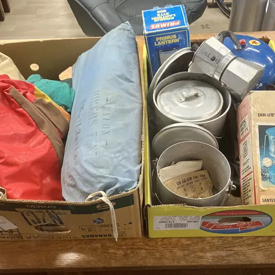 Box Lot Camping Gear Including Bialetti Mocka Express & Box Of Tenting Gear