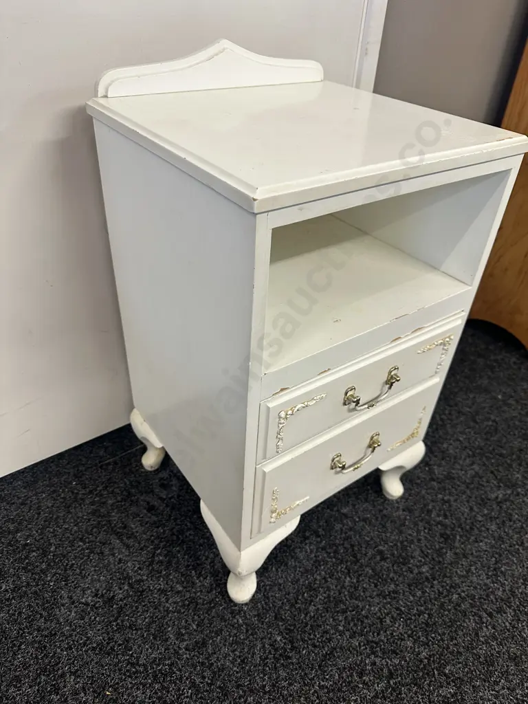 Vintage White Painted Bedside, 2 Drawers & Shelf, Cabriole Legs, Colonial Overlay Detailing. H71 W39.5 D37cm Image 1++