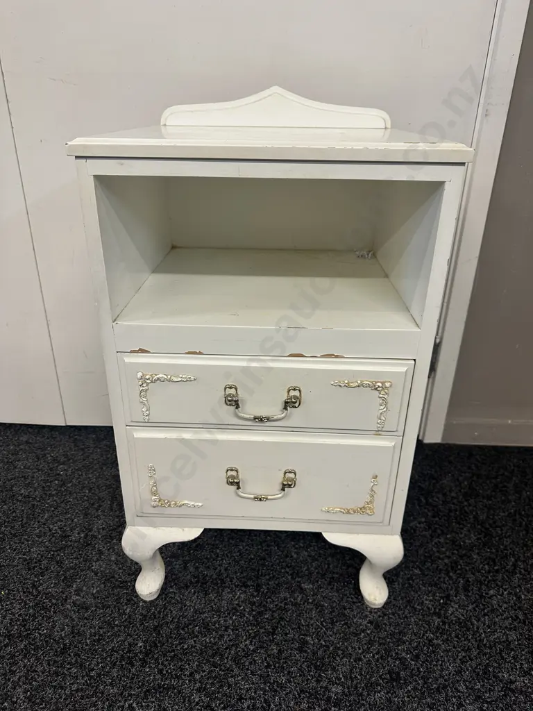 Vintage White Painted Bedside, 2 Drawers & Shelf, Cabriole Legs, Colonial Overlay Detailing. H71 W39.5 D37cm Image 1++