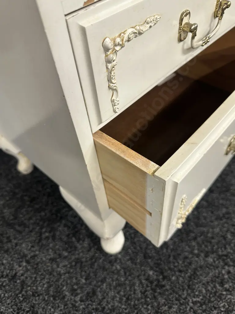 Vintage White Painted Bedside, 2 Drawers & Shelf, Cabriole Legs, Colonial Overlay Detailing. H71 W39.5 D37cm Image 1++
