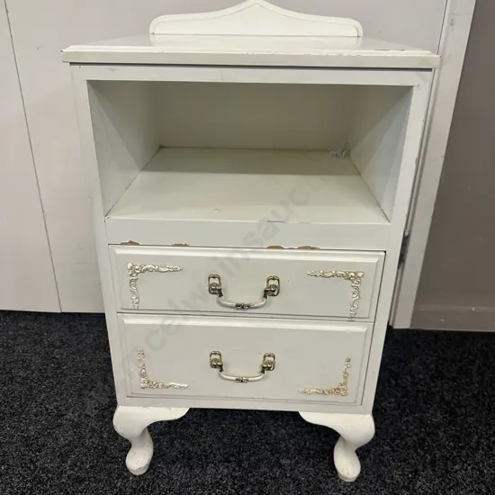 Vintage White Painted Bedside, 2 Drawers & Shelf, Cabriole Legs, Colonial Overlay Detailing. H71 W39.5 D37cm