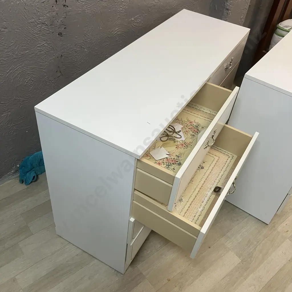 Vintage Funnell's Furniture White 8 Drawer Lowboy & 4 Drawer Students Desk, Ornate Gold Detailing (AF) Image 1++