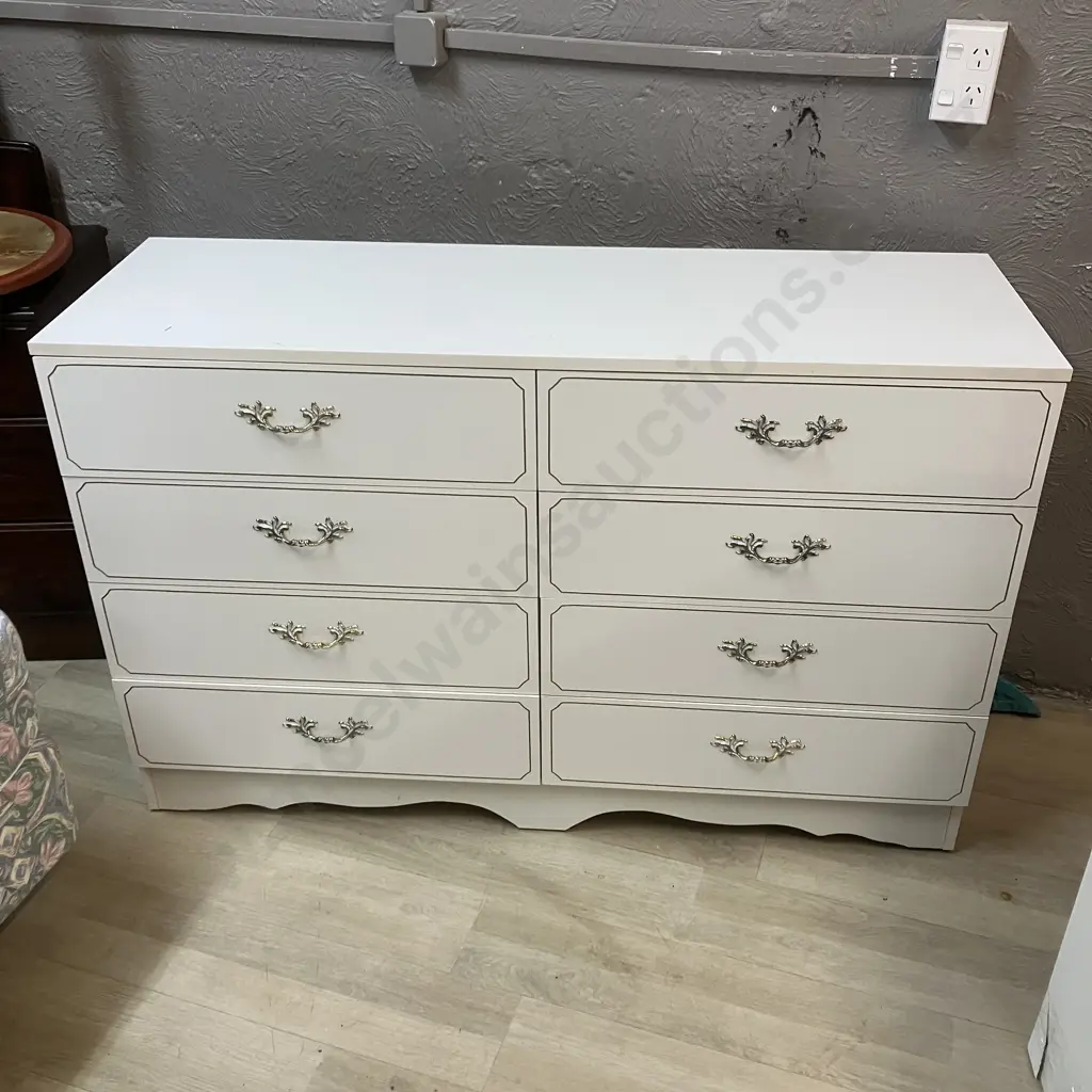 Vintage Funnell's Furniture White 8 Drawer Lowboy & 4 Drawer Students Desk, Ornate Gold Detailing (AF) Image 1++