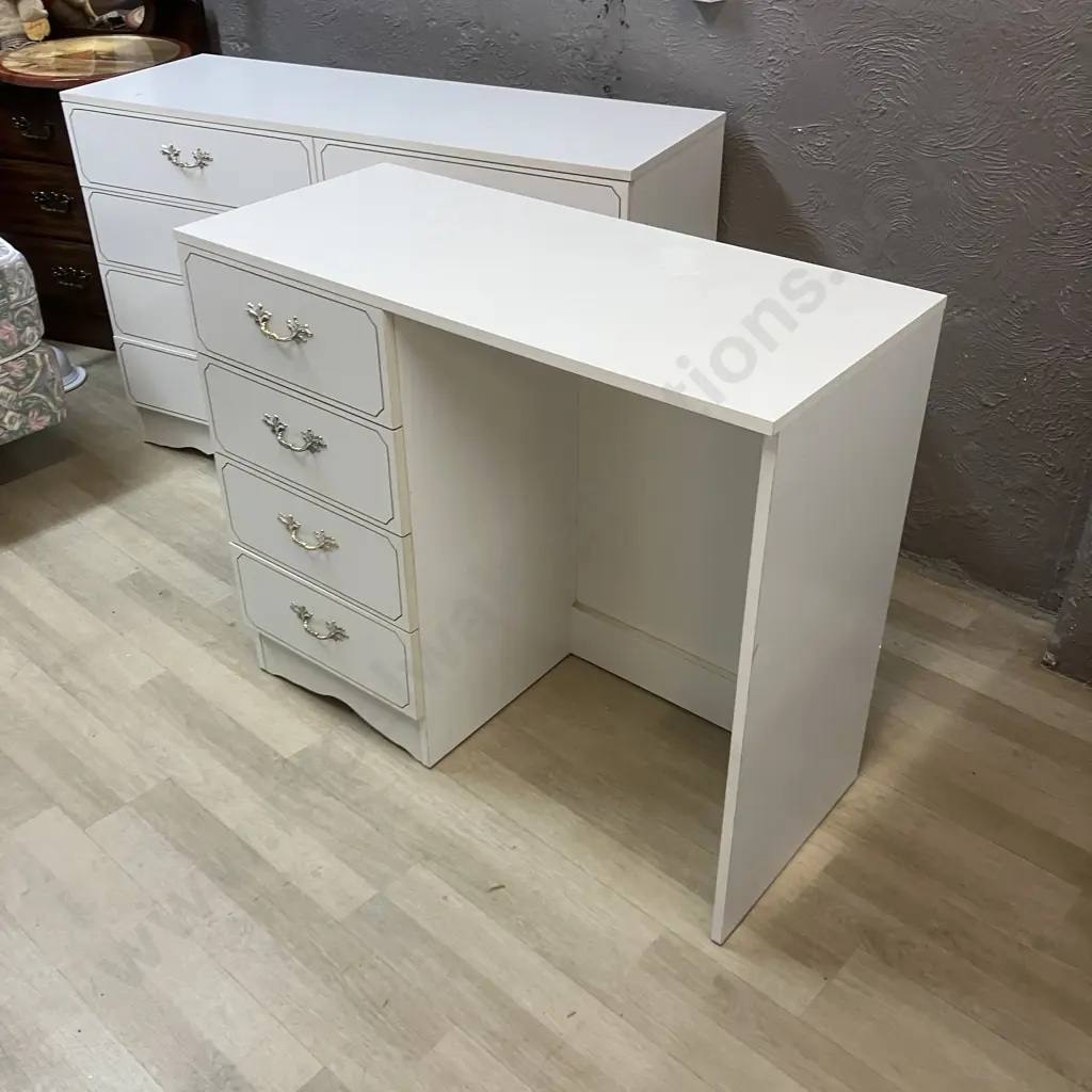 Vintage Funnell's Furniture White 8 Drawer Lowboy & 4 Drawer Students Desk, Ornate Gold Detailing (AF) Image 1++