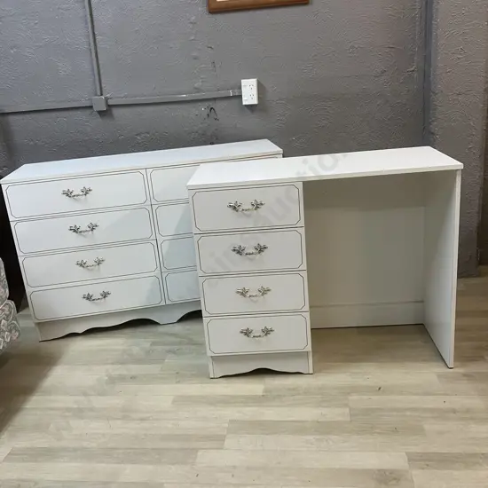 Vintage Funnell's Furniture White 8 Drawer Lowboy & 4 Drawer Students Desk, Ornate Gold Detailing (AF)