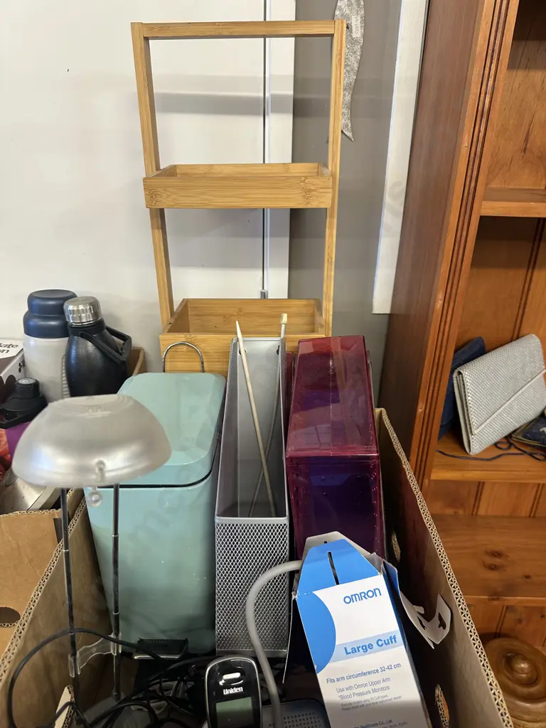 Rubbish Bin, Wooden 3 Tier Shelf Unit, Desk Lamp, Uniden Phone Etc Image 1++