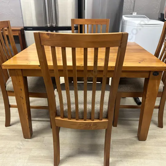 Stunning Woodpeckers Solid Rimu Dining Table (120 x 91cm) With Set of Four Stamped Woodpeckers Dining Chairs
