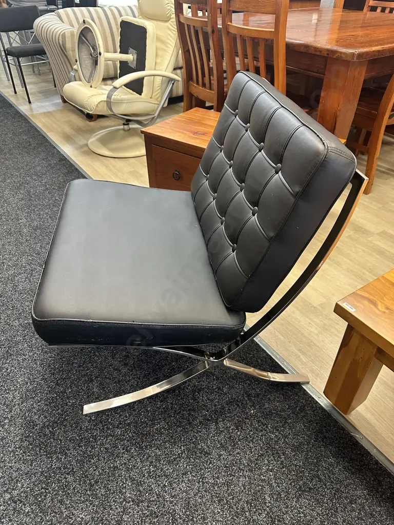 Black Barcelona Style Chair Leather Look Button Back (As Found) Image 1++