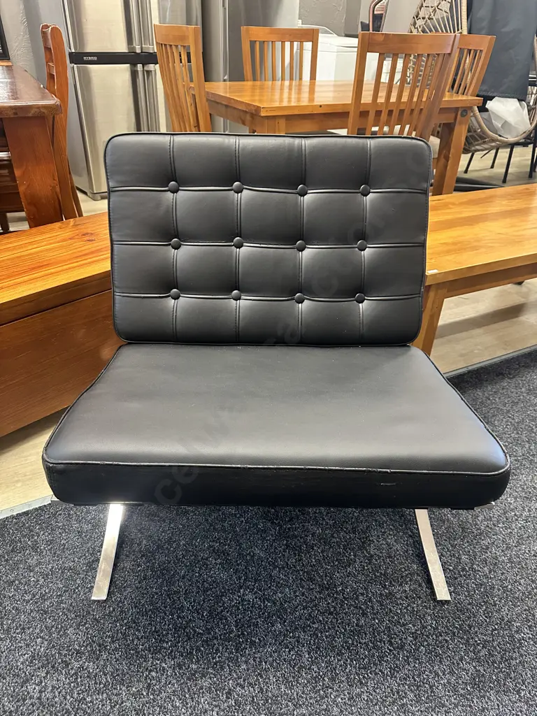 Black Barcelona Style Chair Leather Look Button Back (As Found) Image 1++