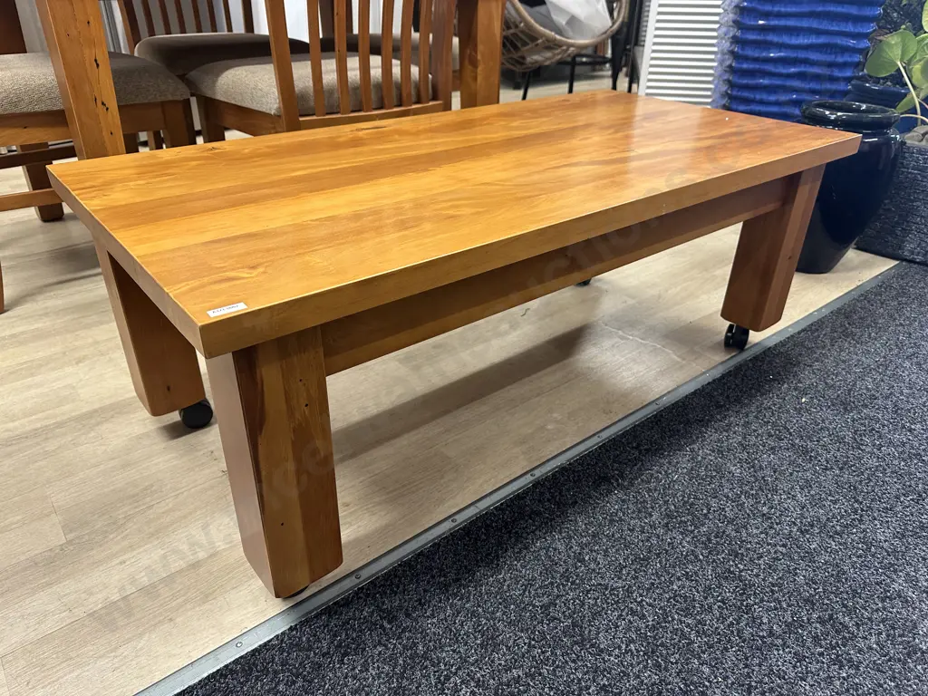 Woodpeckers Solid Rimu Rectangular Occasional Table, On Wheels. H44 W120 D60cm Image 1++