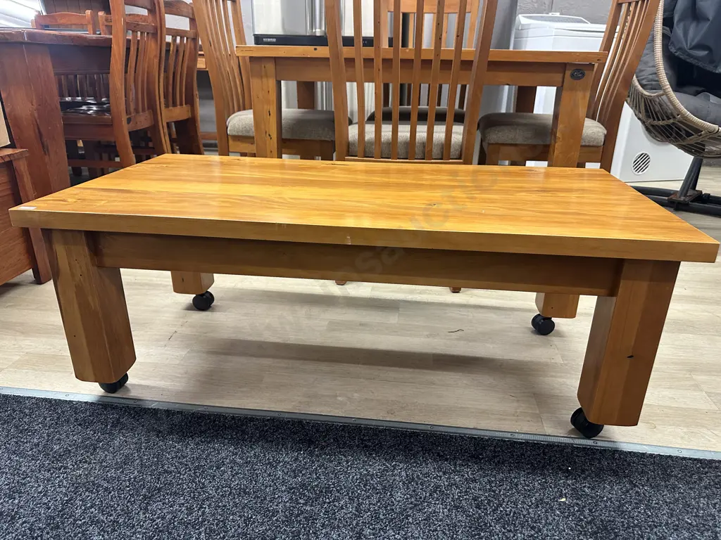Woodpeckers Solid Rimu Rectangular Occasional Table, On Wheels. H44 W120 D60cm Image 1++