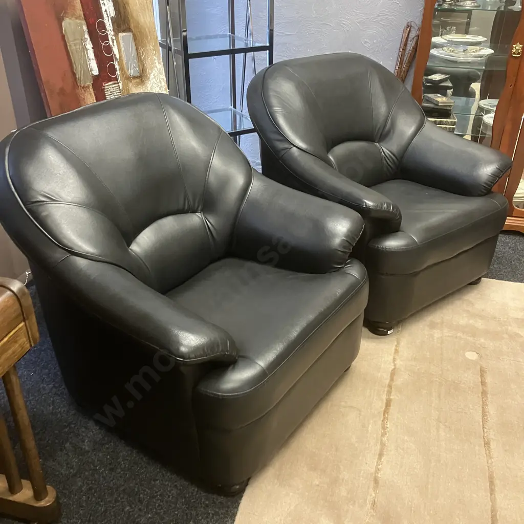 Pair of Black Leather Effect Sofa Chairs, Black Turned Wooden Feet Image 1++