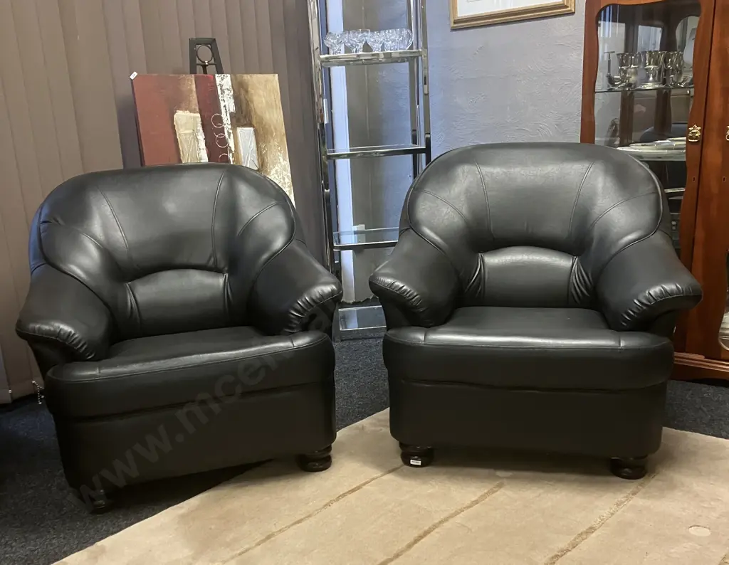 Pair of Black Leather Effect Sofa Chairs, Black Turned Wooden Feet Image 1++