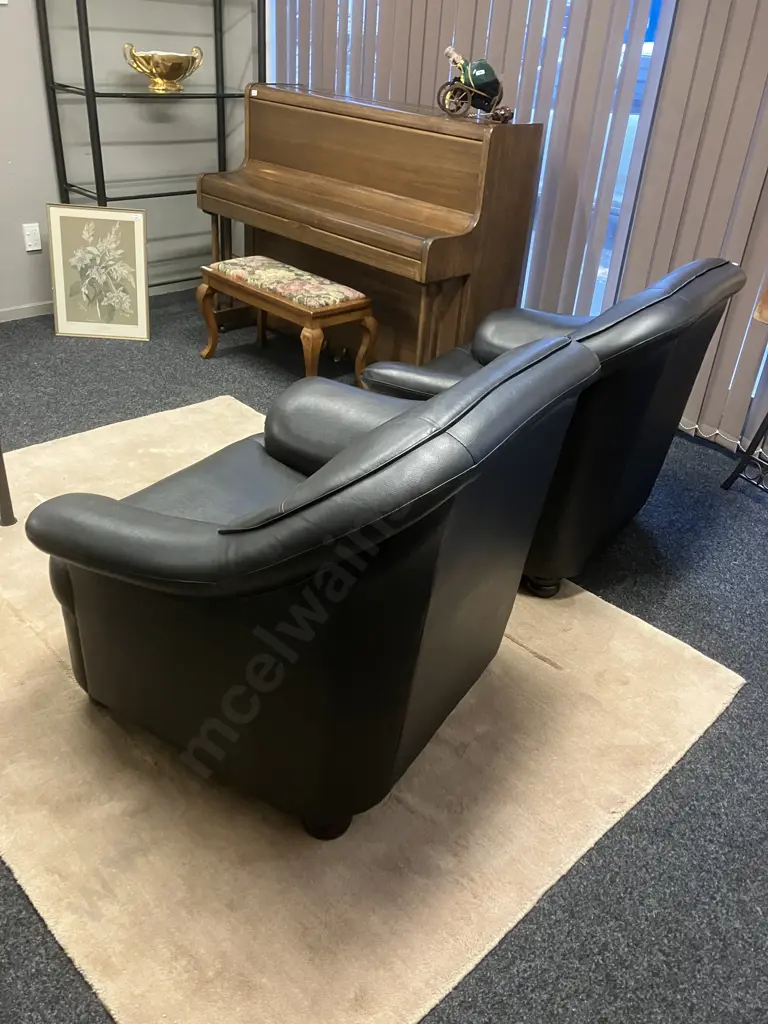 Pair of Black Leather Effect Sofa Chairs, Black Turned Wooden Feet Image 1++