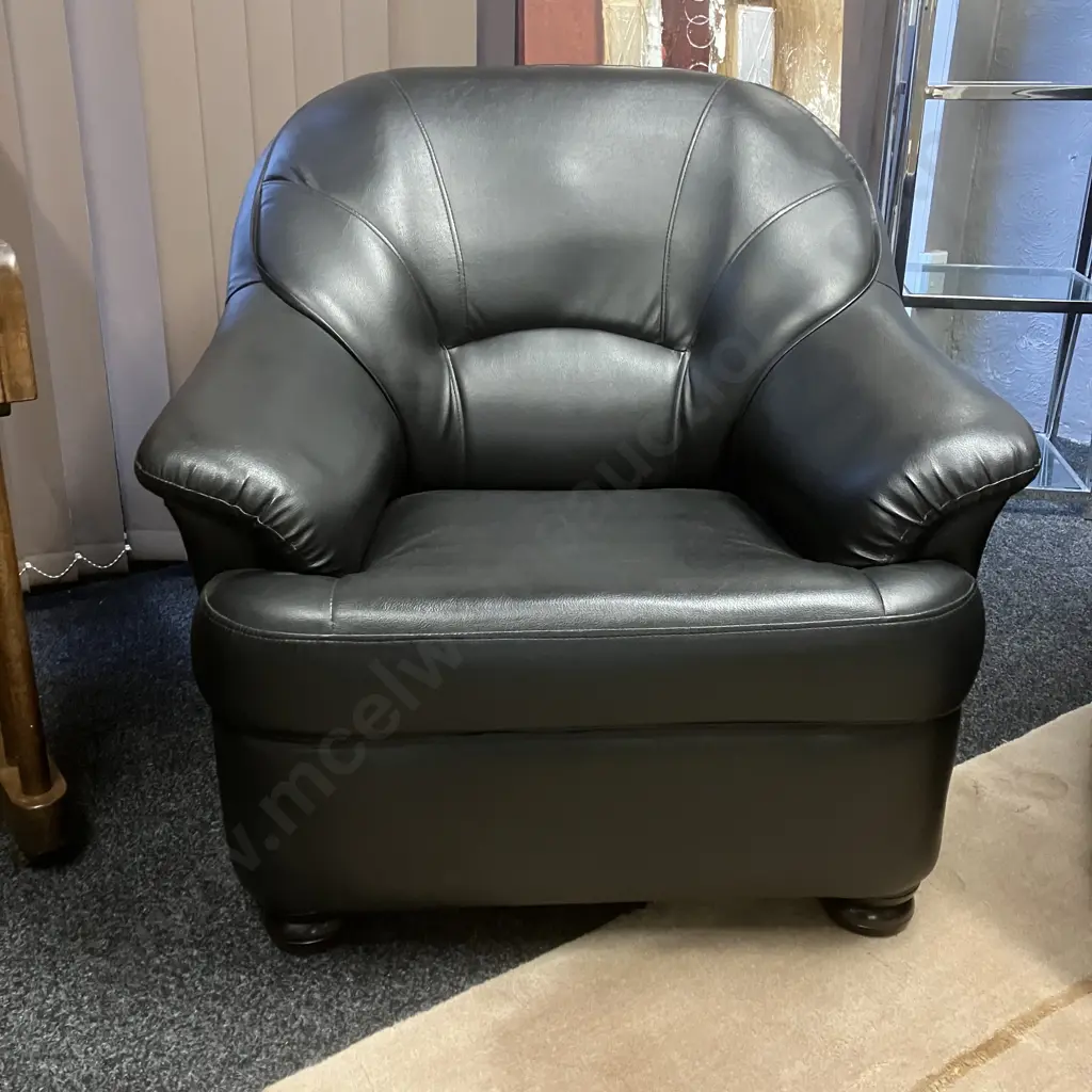 Pair of Black Leather Effect Sofa Chairs, Black Turned Wooden Feet Image 1++